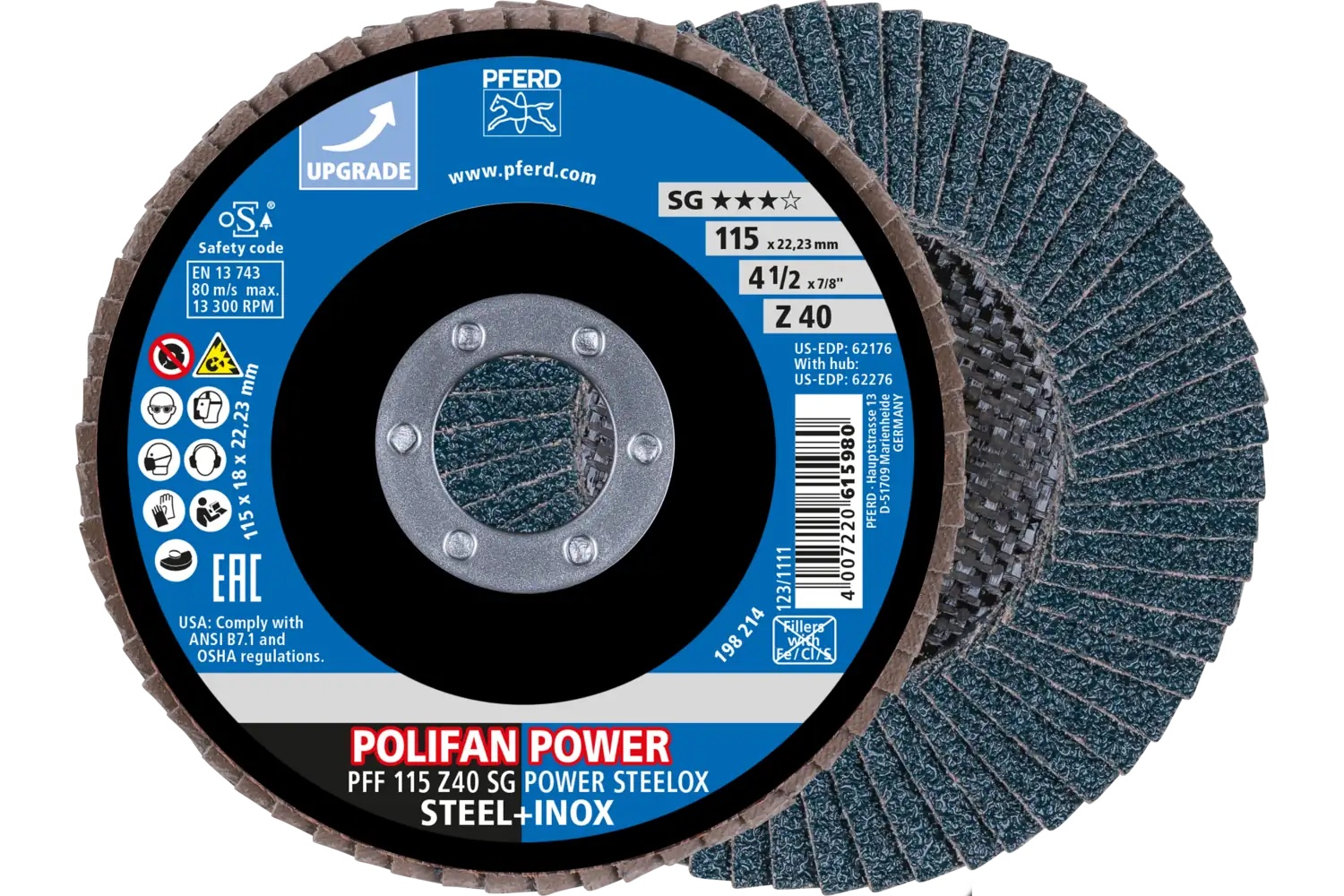 Picture of Pferd Flap Disc, 4-1/2" x 7/8, Z SG Power Steelox, 40 Grit, T27, Flat, Zirconia